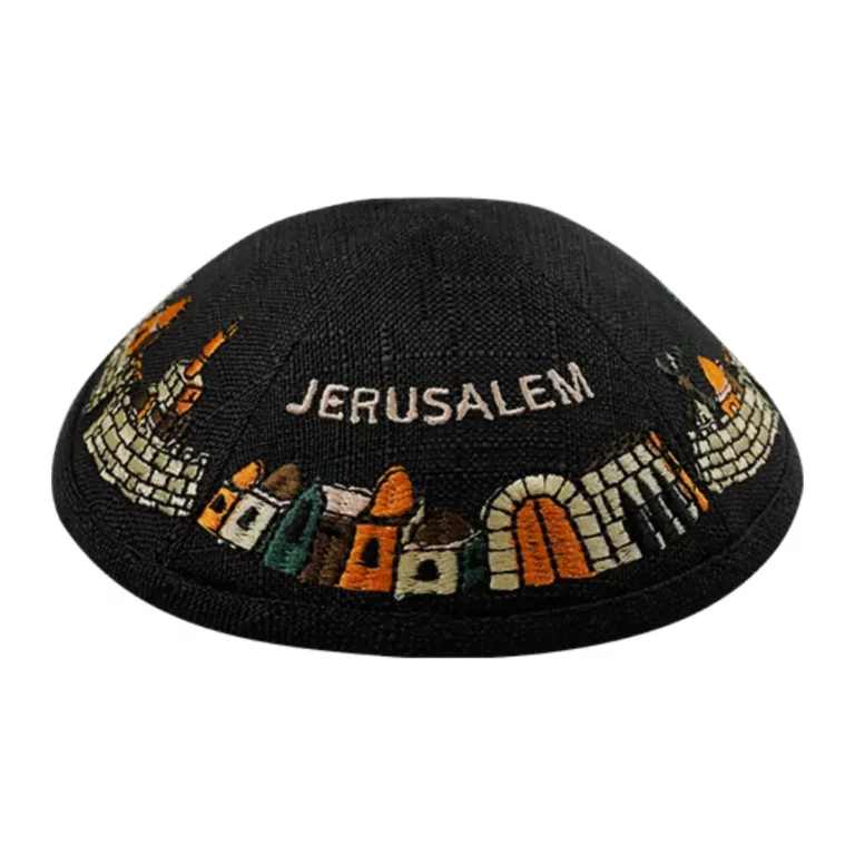 כיפה פשתן רקומה – דגם ירושלים 19 ס״מ