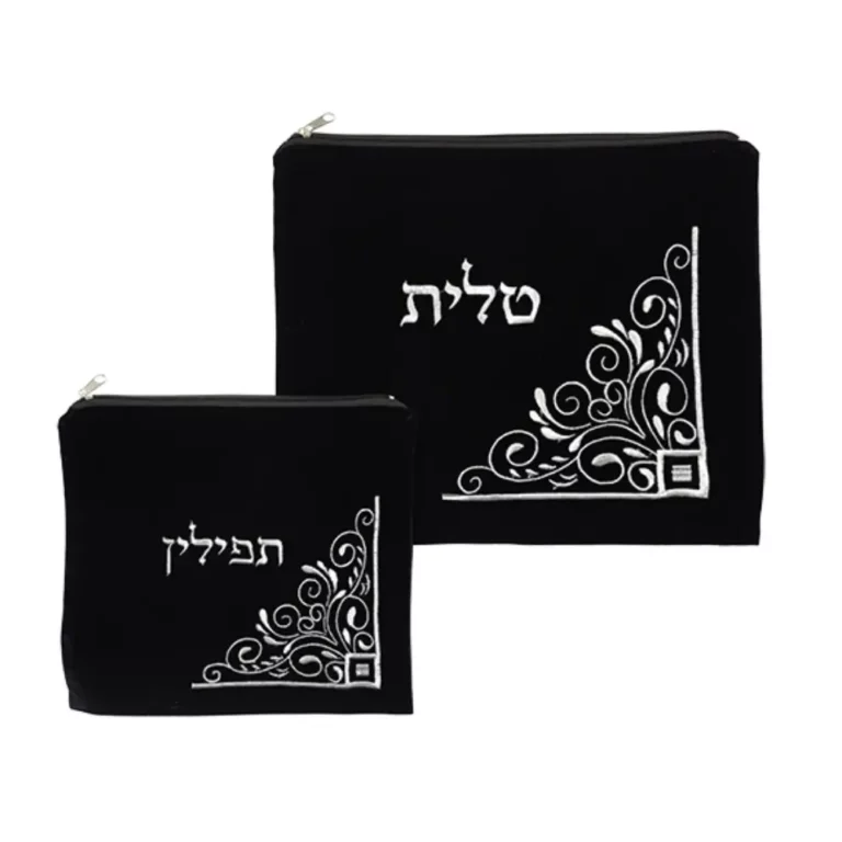 סט טלית ותפילין מקטיפה כחולה כהה עם רקמה מהודרת