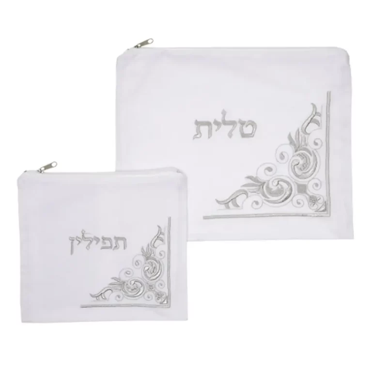סט כיסויים לטלית ולתפילין מקטיפה לבנה עם רקמה מהודרת