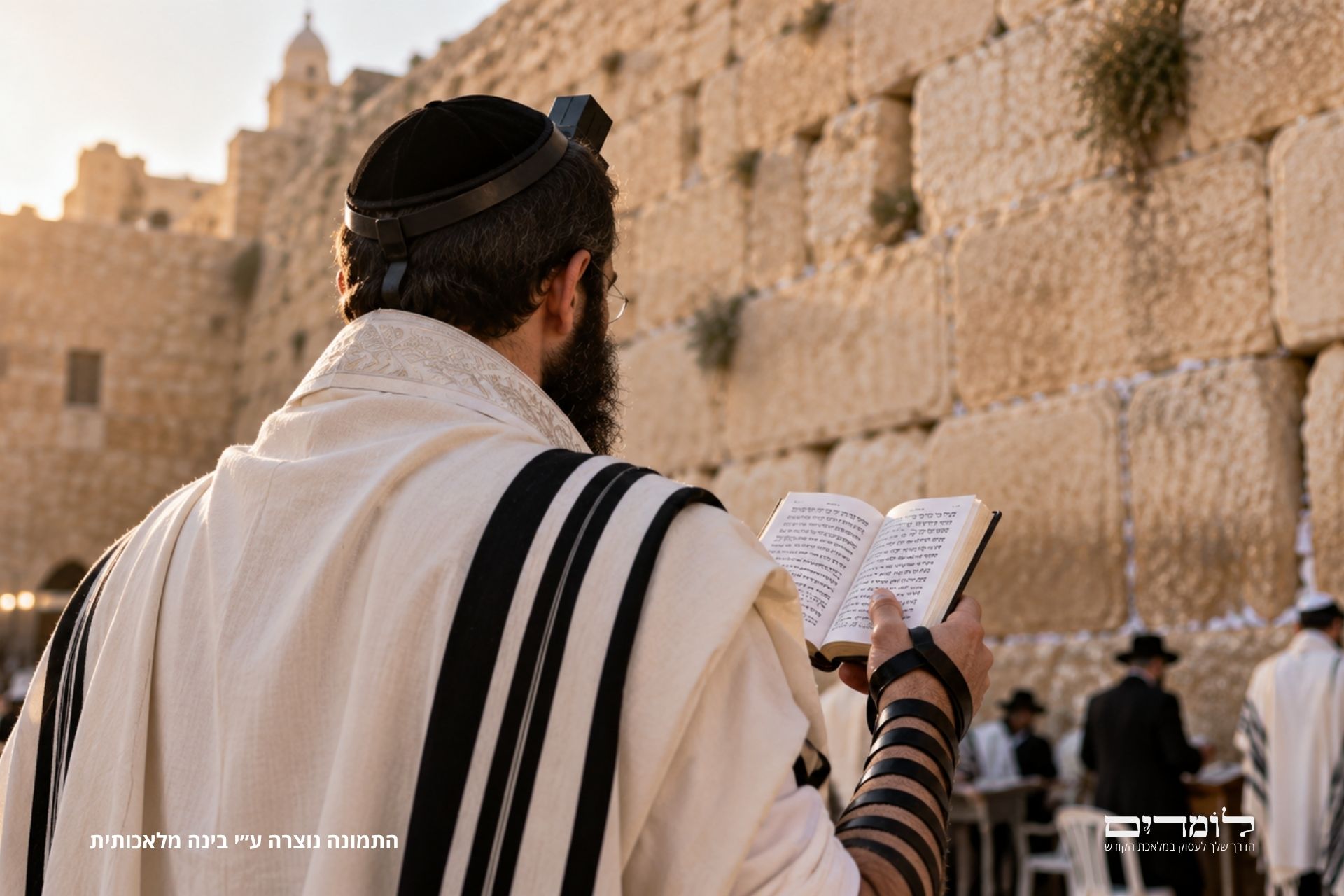 יהודי עם טלית ותפילין מתפלל מול הכותל המערבי בערב יום כיפור