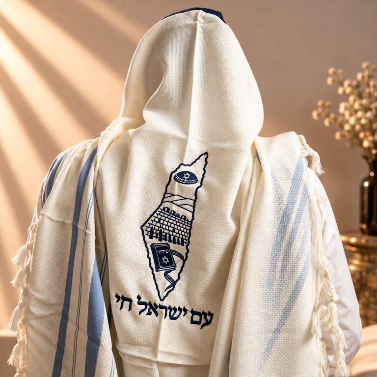 טלית עם ישראל חי מבט מהצד עם רקמת ארץ ישראל
