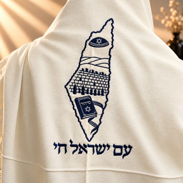 טלית עם ישראל חי תקריב רקמת מפת ארץ ישראל